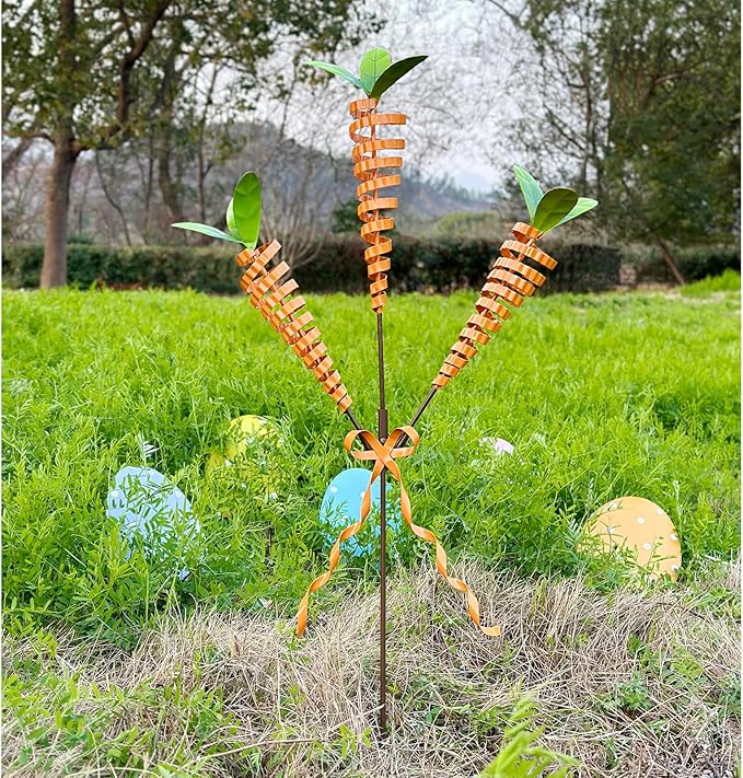 Easter Yard Stakes, 28-Inch 3-Head Carrot Metal Garden Stakes, Rust-Resistant Coiled Iron Wire Outdoor Decor, Spring Easter Decorations Outdoor for Garden, Lawn, Patio, Easter Outdoor Decor