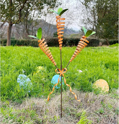 Easter Yard Stakes, 28-Inch 3-Head Carrot Metal Garden Stakes, Rust-Resistant Coiled Iron Wire Outdoor Decor, Spring Easter Decorations Outdoor for Garden, Lawn, Patio, Easter Outdoor Decor