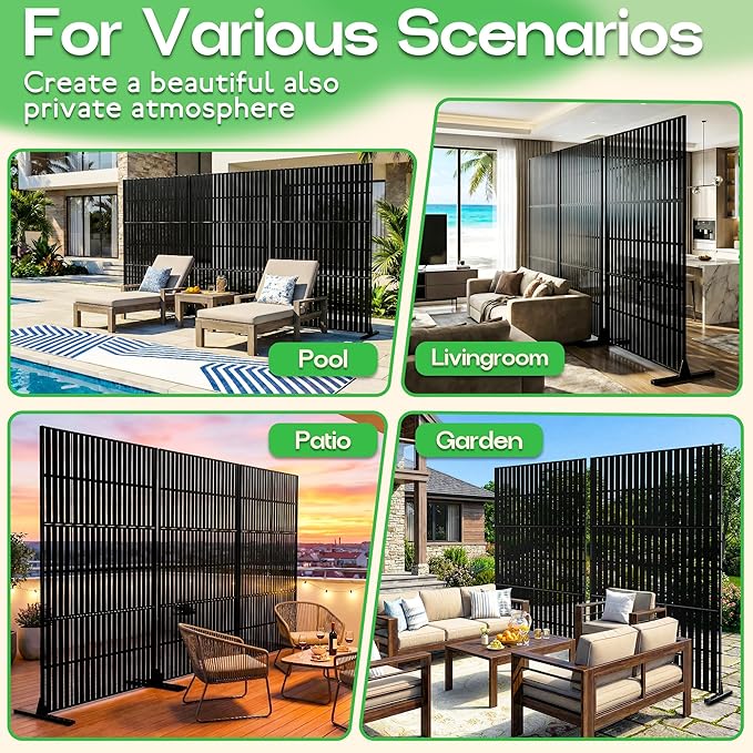 MTART Metal Privacy Screen 72" H x 47.2" Decorative Outdoor Privacy Screen Privacy Panel with Stand for Balcony Deck Patio Lawn Garden, Privacy Fence (Black-Vertical)