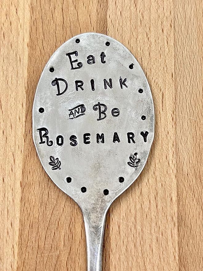 Funny Herb Marker, Eat Drink and Be Rosemary, Vintage Silver plate Spoon hand stamped one letter at a time, Great gift for a gardener