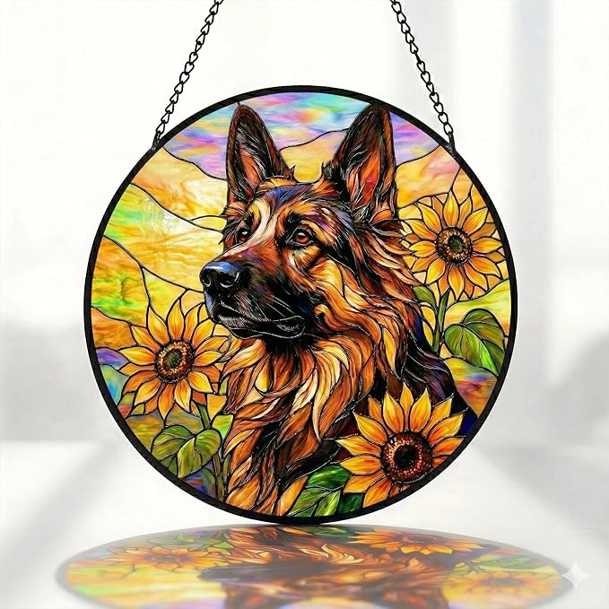 Stained Glass Dog Memorial Suncatcher, German Shepherd_02 Window Hanging,Sympathy Gifts for Pet Loss,7.9 inch/20 cm Home and Garden Decor for Dog Lovers