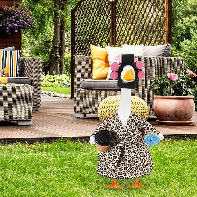 Shyyween Lady Porch Goose Outfit for 23'' Cement Plastic Lawn Goose Statue Clothes Bathrobe Coffee Cup Curlers for Outdoor Garden Yard Patio Decoration(Leopard Print Color)