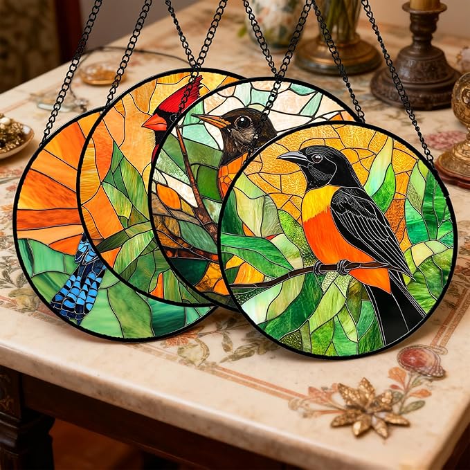 DASTOLL Stained Glass Window Hanging 4 Pcs Set Birds Large 15" - Cardinal Blue Jay Suncatcher Door Garden Sun Catcher Decor Birthday Christmas for Bird Lovers Mom Woman Nana Men