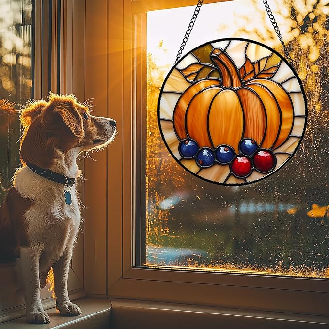 DASTOLL Stained Glass Window Hanging Fall Pumpkin Berries Large 15" - Suncatcher Door Garden Kitchen Sunroom Sun Catcher Autumn Home Decor Birthday for Mom Grandma Men Woman