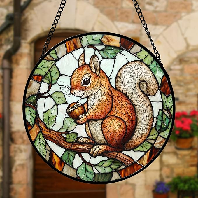 DASTOLL Stained Glass Window Hanging, Squirrel on a Branch Suncatcher Diamond Glass Panel Animal Sun Catchers Decor for Birthday for Women, Men, Wife, Aunt, and Mom 9.8 in