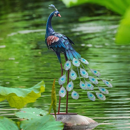 chisheen Garden Decor Outdoor Statues, Metal Peacock Decor for Outside, Garden Art Sculptures Standing for Patio Yard Lawn Home Decorations, Set of 2