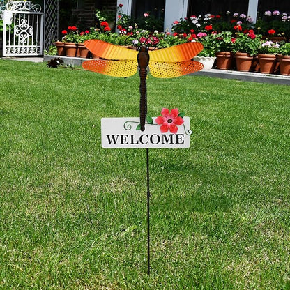 Garden Decor Metal Welcome Yard Stakes Spring Lawn Art Patio Decorative Plant Stake for Flower Pot Pathway Porch Backyard Indoor Outdoor Decoration (Dragonfly)