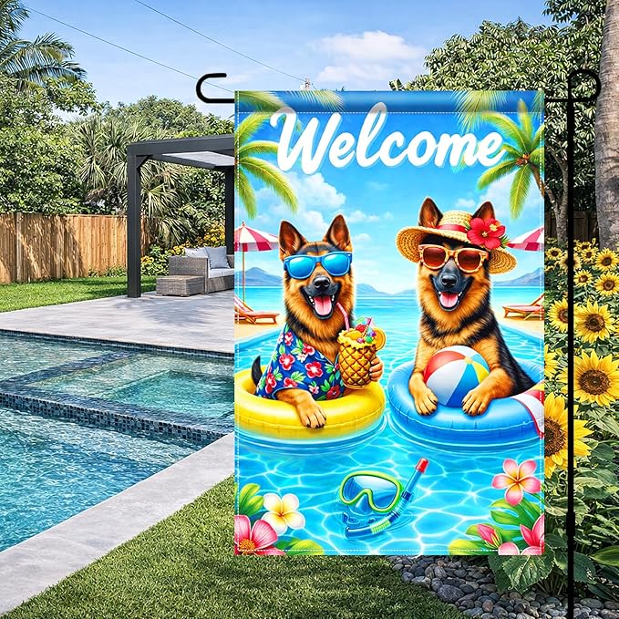 BlissYard Welcome Summer German Shepherd Garden Flag 12x18 Double Sided Vertical Outdoor Pool Dog Decor Tropical Beach Yard Lawn Patio Poolside Banner