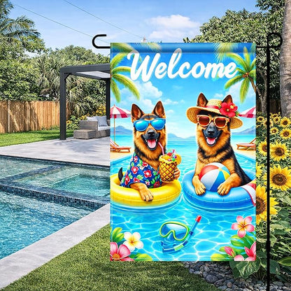 BlissYard Welcome Summer German Shepherd Garden Flag 12x18 Double Sided Vertical Outdoor Pool Dog Decor Tropical Beach Yard Lawn Patio Poolside Banner