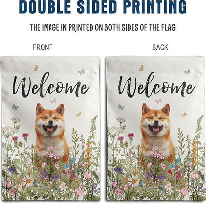 Spring Summer Garden Flag Floral Shiba Inu Yard Flag Flower Dog Garden Flags for Outside Small Outdoor Welcome Flags 12x18 Double Sided
