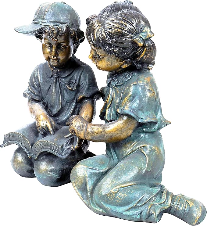 Alpine Corporation GXT258A Outdoor Finely Sculpted Boy and Girl Reading Book Garden Statue, 19"H, Bronze