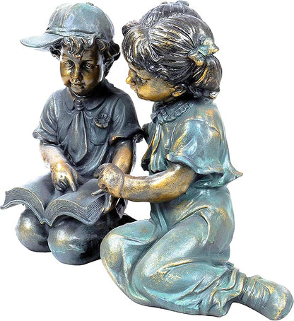 Alpine Corporation GXT258A Outdoor Finely Sculpted Boy and Girl Reading Book Garden Statue, 19"H, Bronze
