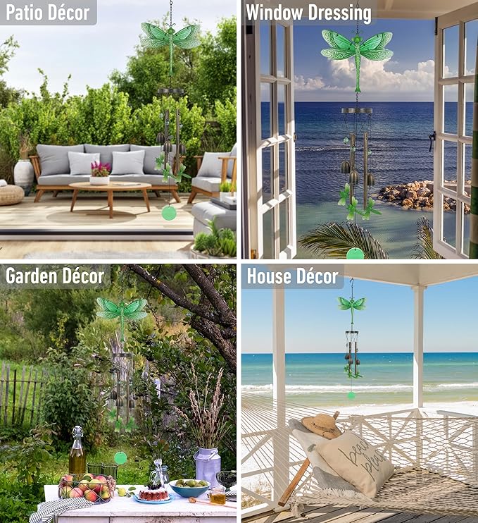 CoTa Global Green Garden Dragonfly Wind Chime - Handmade Glass and Metal Chime - Hanging Decor - Colorful Home Decor Gift, Indoor and Outdoor Hanging Decoration for Porch, Patio, and Garden - 35 Inch