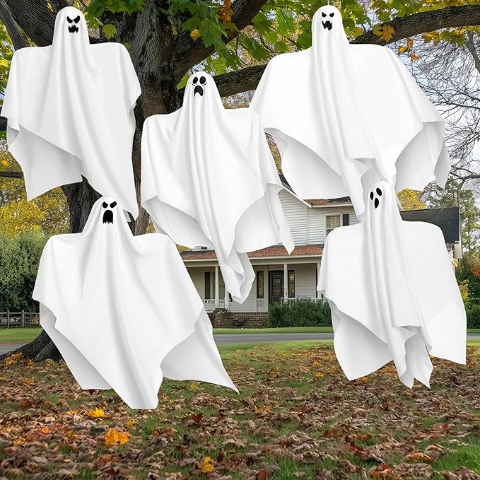 JOYIN 27.5" Halloween Hanging Ghosts Outdoor Decoration(5 Pack), Cute Flying Ghost for Halloween Front Yard Patio Lawn Garden Party Décor and Holiday Hanging Decorations