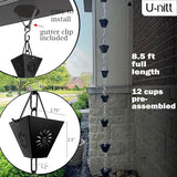 U-nitt Rain Chain Water Collection for Gutters Rainwater Catcher & Diverter, 8.5 FT Chains for Outside Garden, Black Square Cups, Roof Downspout, Works with Heavy Rain, w/Gutter Clip for Rainchains