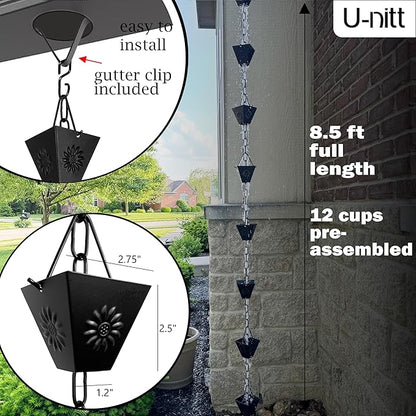 U-nitt Rain Chain Water Collection for Gutters Rainwater Catcher & Diverter, 8.5 FT Chains for Outside Garden, Black Square Cups, Roof Downspout, Works with Heavy Rain, w/Gutter Clip for Rainchains