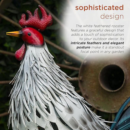 Alpine Corporation 28" Tall Outdoor Metal Feathered Rooster Statue with Vibrant Design, Garden Decor, White/Black