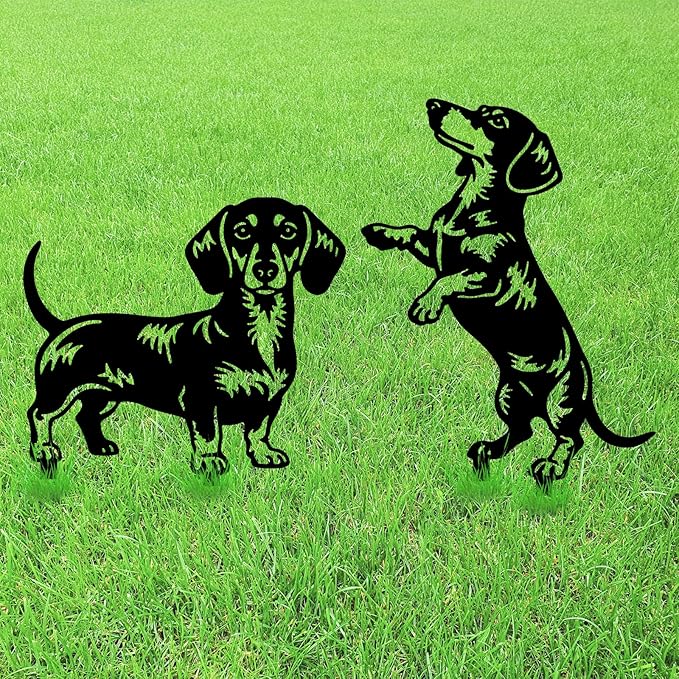 GLOBLELAND 2 Pcs Dachshund Garden Stakes for Yard Decor Dog Silhouette Metal Stakes Funny Animals Statues Lawn Signs for Dog Lovers Outdoor Party Patio Landscape Decor
