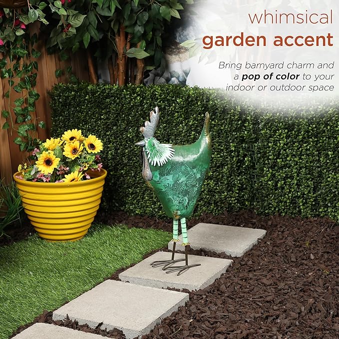 Alpine Corporation 23" Tall Outdoor Metal Cottage Farm Rooster Yard Statue, Green