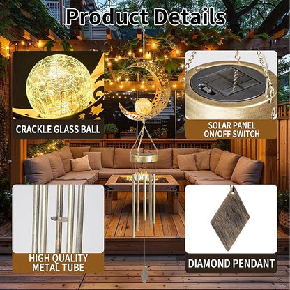 Solar Wind Chimes for Outside, Moon Hanging Solar Lights with Crackle Glass Ball, Waterproof LED Wind Chime Outdoor Decor for Garden Patio Yard, Memorial Gift for Mom Grandma