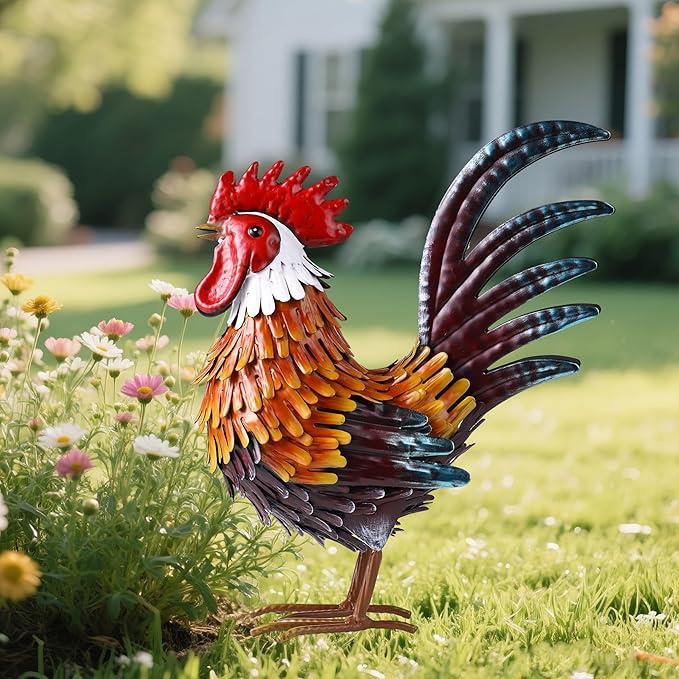 Shorayn Rooster Garden Statue Metal Chicken Yard Art Decor Outdoor Sculpture Figurines