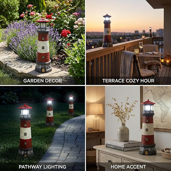 Solar Lighthouse Outdoor Statues, 360° Rotating Beacon Garden Lighthouse, 15" Light House for Outside Garden Yard Decor, Waterproof Resin Nautical Figurines for Patio Lawn Landscape Lighting (Red)