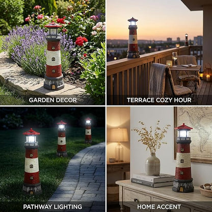 Solar Lighthouse Outdoor Statues, 360° Rotating Beacon Garden Lighthouse, 15" Light House for Outside Garden Yard Decor, Waterproof Resin Nautical Figurines for Patio Lawn Landscape Lighting (Red)