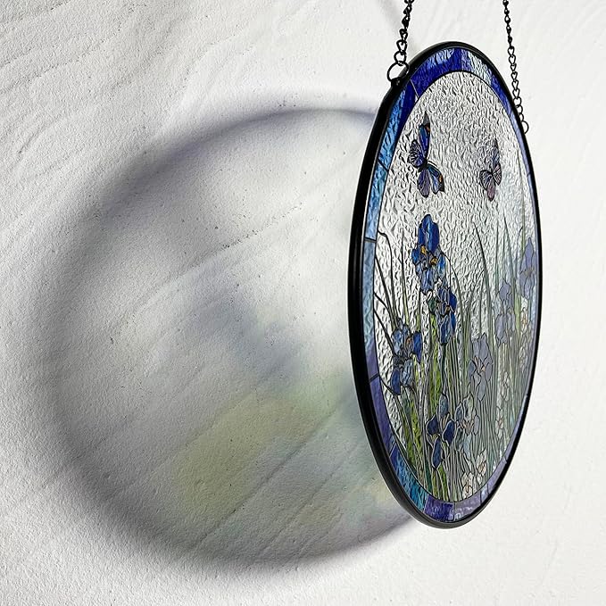 Blue Irises and Butterflies Stained Glass Suncatcher, Handmade Window Hanging Wall Art with Chain, Real Glass Indoor Home Decor, Unique Sun Catcher Gift for Women, Christmas, 11.8”