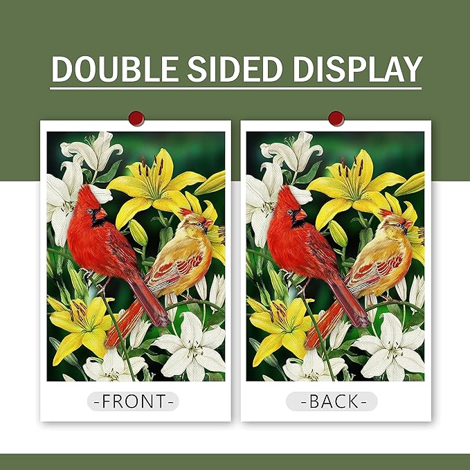Furiaz Decorative Cardinal Flower Spring Summer Large House Flag Double Sided, Red Yellow Birds Home Lily Burlap Outside Garden Yard Decoration, Green Seasonal Outdoor Décor Flag 28 x 40