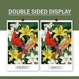 Furiaz Decorative Cardinal Flower Spring Small Garden Flag Double Sided, Red Yellow Birds Home Floral Lily Burlap Outside House Yard Decoration, Summer Green Seasonal Outdoor Décor Flag 12.5 x 18