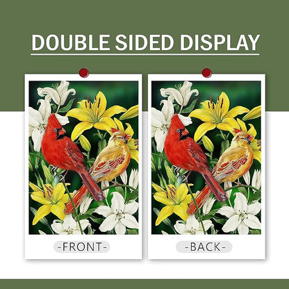 Furiaz Decorative Cardinal Flower Spring Small Garden Flag Double Sided, Red Yellow Birds Home Floral Lily Burlap Outside House Yard Decoration, Summer Green Seasonal Outdoor Décor Flag 12.5 x 18