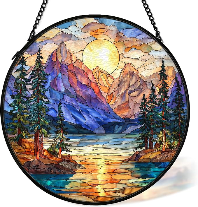 Mountain Forest Sunrise Suncatcher Stained Glass Window Hanging Decor, Camping Nature Landscape Stained Glass Wall Decor, Mountain Garden Sun Catchers Indoor Window Hanging Wall Art, 7.9x7.9In