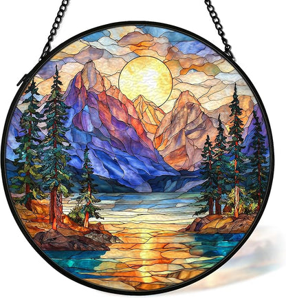 Mountain Forest Sunrise Suncatcher Stained Glass Window Hanging Decor, Camping Nature Landscape Stained Glass Wall Decor, Mountain Garden Sun Catchers Indoor Window Hanging Wall Art, 7.9x7.9In