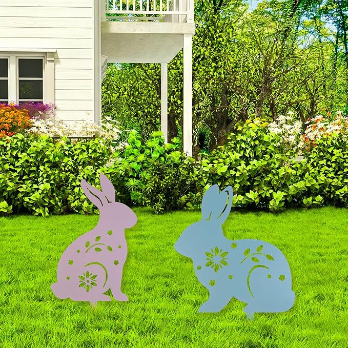 2 Pcs Easter Bunny Yard Signs Iron Rabbit Silhouette Decoration Pink and Blue Metal Rabbit Yard Art for Outdoor Lawn Garden Spring Decor