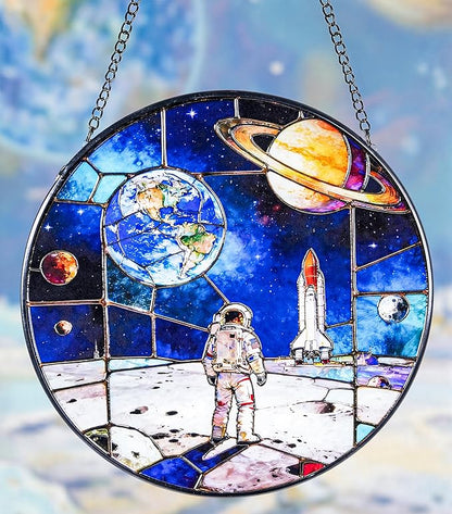 Stained Glass Window Hanging Suncatchers with Armstrong's Moon Landing 12.6", Vibrant Glass Panel with Metal Chain for Home Decor Gift for Women Mother's Day, Birthday, Men, and Mom