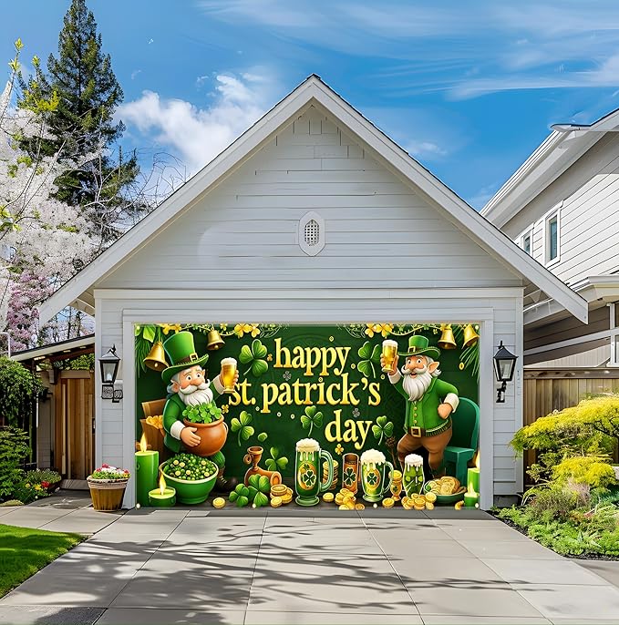 St Patrick’s Day Garage Door Banner 157.5x70.9in Large Garage Door Cover Outdoor Shamrock Leprechaun Decorations for House Exterior Party Decor with Grommets Rope