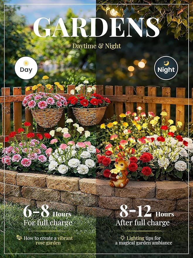 GIGALUMI Solar Lights Outdoor for Garden Decor, 4 Pack Solar Flower Lights Waterproof, 2 Lighting Modes 28 Carnations for Pathway,Yard, Patio Decoration, Gardening Gifts for Women (Multi-Colored)