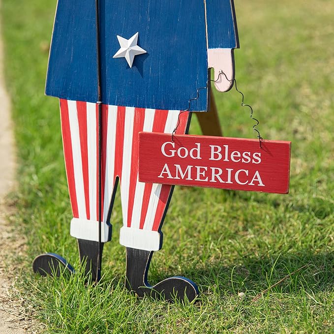 Glitzhome 4th of July Decorations, Uncle Sam Patriotic Yard Sign Stakes Decorations Outdoor, independence day Memorial Garden God Bless America Wall Decor