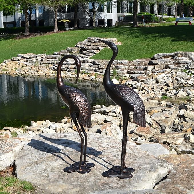 Westcharm Cast Aluminum Cranes for Yard Garden Sculpture Pair Statue - Upright and Preening Standing Crane Heron Couple Sculpture Set, Bronze