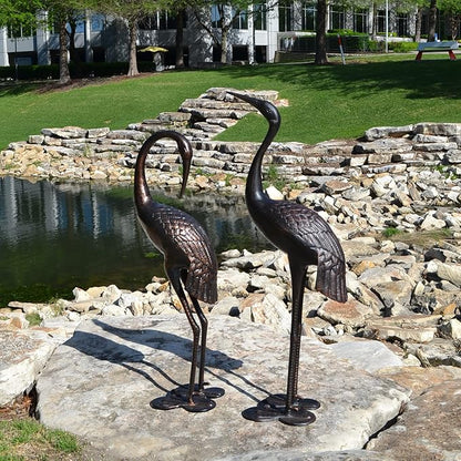 Westcharm Cast Aluminum Cranes for Yard Garden Sculpture Pair Statue - Upright and Preening Standing Crane Heron Couple Sculpture Set, Bronze