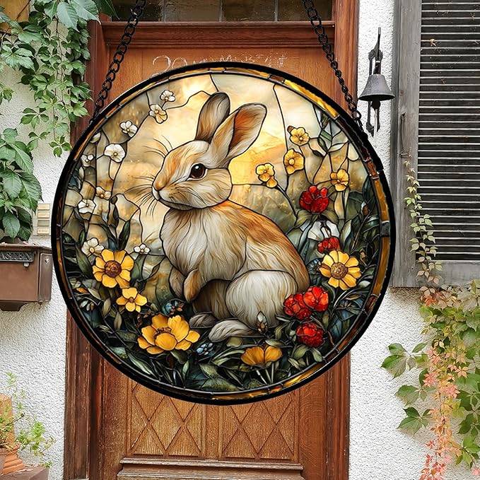 DASTOLL Stained Glass Window Hanging - Rabbit Flowers Suncatcher Ready to Hang Window Doors Home Decoration, Easter, Mother's Day Birthday Gifts for Women, Men, and Mom 14.9x14.9 in