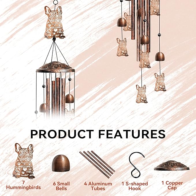 French Bulldog Wind Chimes for Outside, Decorative Wind Chimes French Bulldog Gifts for Women, Memorial Windchimes Outdoors with S Hook for Patio Garden Decor, Birthday Gifts for Mom Grandma （Copper）
