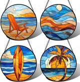 DASTOLL Stained Glass Window Hanging 4 Pcs Set Blue Orange Ocean Beach Theme Large 15" - Suncatcher Door Garden Sun Catcher Decor Birthday Christmas for Mom Woman Nana Men Wife