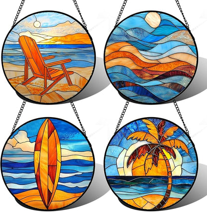 DASTOLL Stained Glass Window Hanging 4 Pcs Set Blue Orange Ocean Beach Theme 7.8" - Suncatcher Door Garden Sun Catcher Decor Birthday Christmas for Mom Woman Nana Men Wife