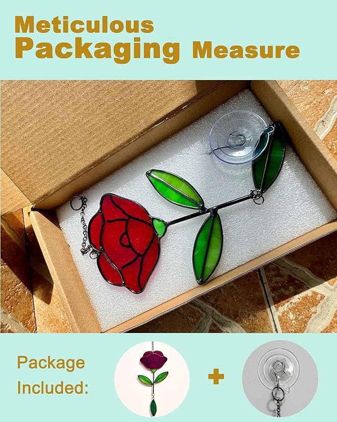 Stained Glass Window Hangings, Handcrafted Garden Suncatchers for Window and Home Decor Decor, Unique Artisan Glass Ornaments for Indoor and Outdoor Use, Red Flower