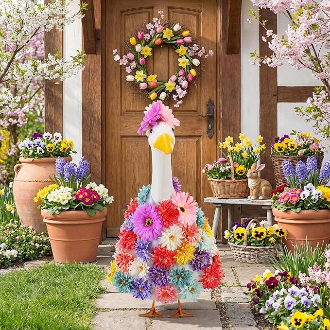 Abbylike 1 Set Spring Flower Porch Goose Outfits Colorful Spring Yard Goose Outfits Costume Clothes Fits Large 23'' Cement for Garden Yard Statue Pathway Decorations