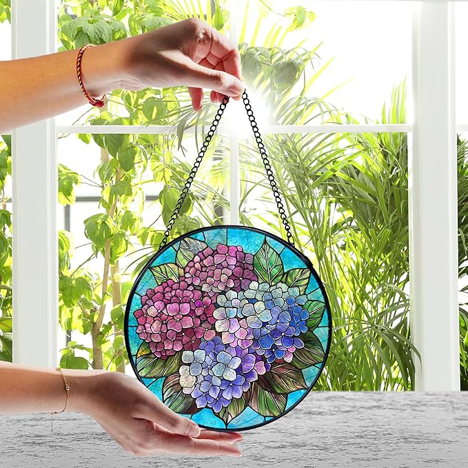 Hydrangea Flower Stained Glass Window Hanging, Cottagecore Hydrangea Floral Sun Catchers Indoor Window Round Glass Wall Art Decor, Flower Suncatcher Wall Hanging Gardening & Lawn Care