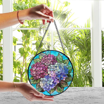 Hydrangea Flower Stained Glass Window Hanging, Cottagecore Hydrangea Floral Sun Catchers Indoor Window Round Glass Wall Art Decor, Flower Suncatcher Wall Hanging Gardening & Lawn Care