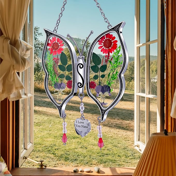 KY&BOSAM Metal Clip Glass Butterfly Suncatcher with I Love You Nana Engraved Tag Real Preserved Dried Flower Window Hanging Ornament Garden Home Wall Decor Mother's Day Birthday Gift for Mom Nana