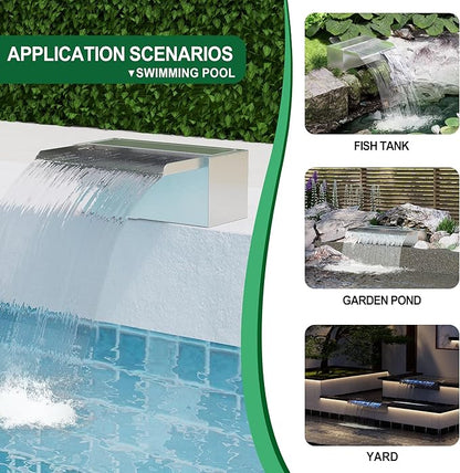 Waterfall Pool Fountain LONGRUNNEW 304 Stainless Steel 23.6" Rectangular Waterfall Spillway, Water Fall Fountain with Pipe Connector for Garden Outdoor, Swimming Pools, Fountains, Pond and Spa